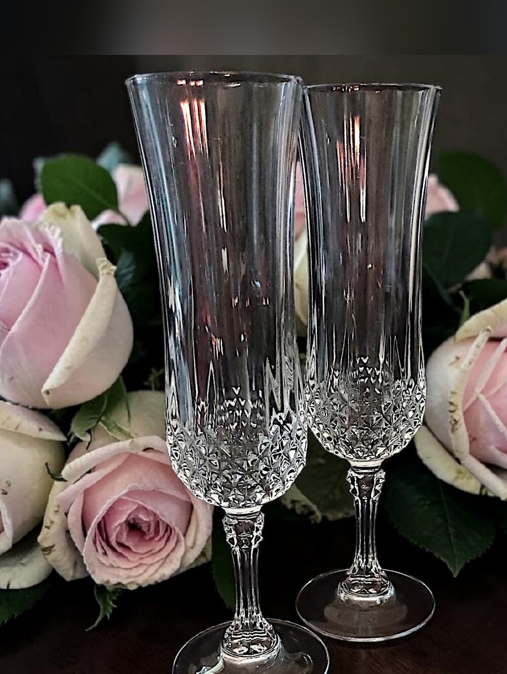 2 Cristal d'Arques Longchamp Champagne Flutes Diamond Cut‎ Lead Crystal Vintage